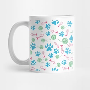 Cat Paw Print, Fish Bones, Ball of Yarn Pattern - Blue Version Mug